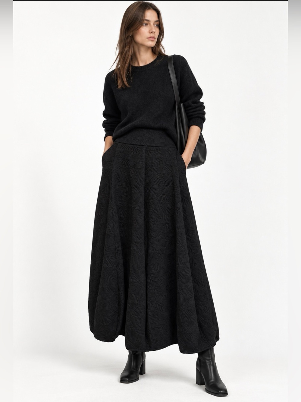 Lagenlook Lesel Quilted Black Balloon Maxi Skirt with Pockets Sz XL Whimsigoth
